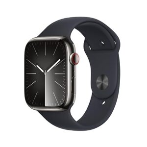 Apple Watch Series 9 [GPS + Cellular 45mm] Smartwatch with Graphite Stainless steel Case with Midnight Sport Band S/M. Fitness Tracker,Blood Oxygen & ECG Apps, Always-On Retina Display,Water Resistant