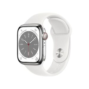 Apple Watch Series 8 [GPS + Cellular 41 mm] smart watch w/Silver Stainless Steel Case with White Sport Band. Fitness Tracker, Blood Oxygen & ECG Apps, Always- On Retina Display, Water Resistant