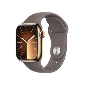 Apple Watch Series 9 [GPS + Cellular 41mm] Smartwatch with Gold Stainless steel Case with Clay Sport Band M/L. Fitness Tracker, Blood Oxygen & ECG Apps, Always-On Retina Display, Water Resistant