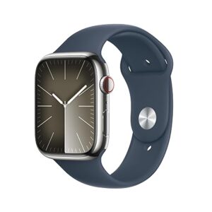Apple Watch Series 9 [GPS + Cellular 45mm] Smartwatch with Silver Stainless steel Case with Storm Blue Sport Band M/L. Fitness Tracker, Blood Oxygen & ECG Apps,Always-On Retina Display,Water Resistant
