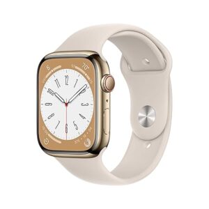 Apple Watch Series 8 [GPS + Cellular 45 mm] smart watch w/Gold Stainless Steel Case with Starlight Sport Band. Fitness Tracker, Blood Oxygen & ECG Apps, Always- On Retina Display, Water Resistant