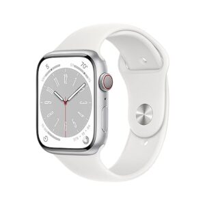 Apple Watch Series 8 [GPS + Cellular 45 mm] smart watch w/Silver Aluminium Case with White Sport Band. Fitness Tracker, Blood Oxygen & ECG Apps, Always- On Retina Display, Water Resistant