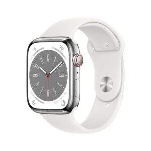 Apple Watch Series 8 [GPS + Cellular 45 mm] smart watch w/Silver Stainless Steel Case with White Sport Band. Fitness Tracker, Blood Oxygen & ECG Apps, Always- On Retina Display, Water Resistant