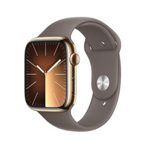Apple Watch Series 9 [GPS + Cellular 45mm] Smartwatch with Gold Stainless steel Case with Clay Sport Band S/M. Fitness Tracker, Blood Oxygen & ECG Apps, Always-On Retina Display, Water Resistant