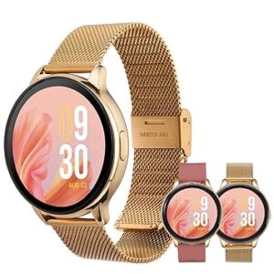 Vibez by Lifelong Premium Luxury Smartwatch for Women with Metal Strap & HD Display, BT Calling, Multiple Watch Faces, Health Tracker, Sports Modes & Free Silicone Strap Smart Watch (Emerald, Gold)